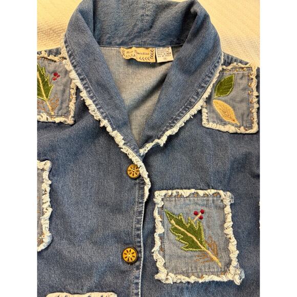 Y2K Boho Patchwork Denim Fall Jacket W/ Embroidered Leaf Motif Raw Hem Pockets M - Picture 3 of 6